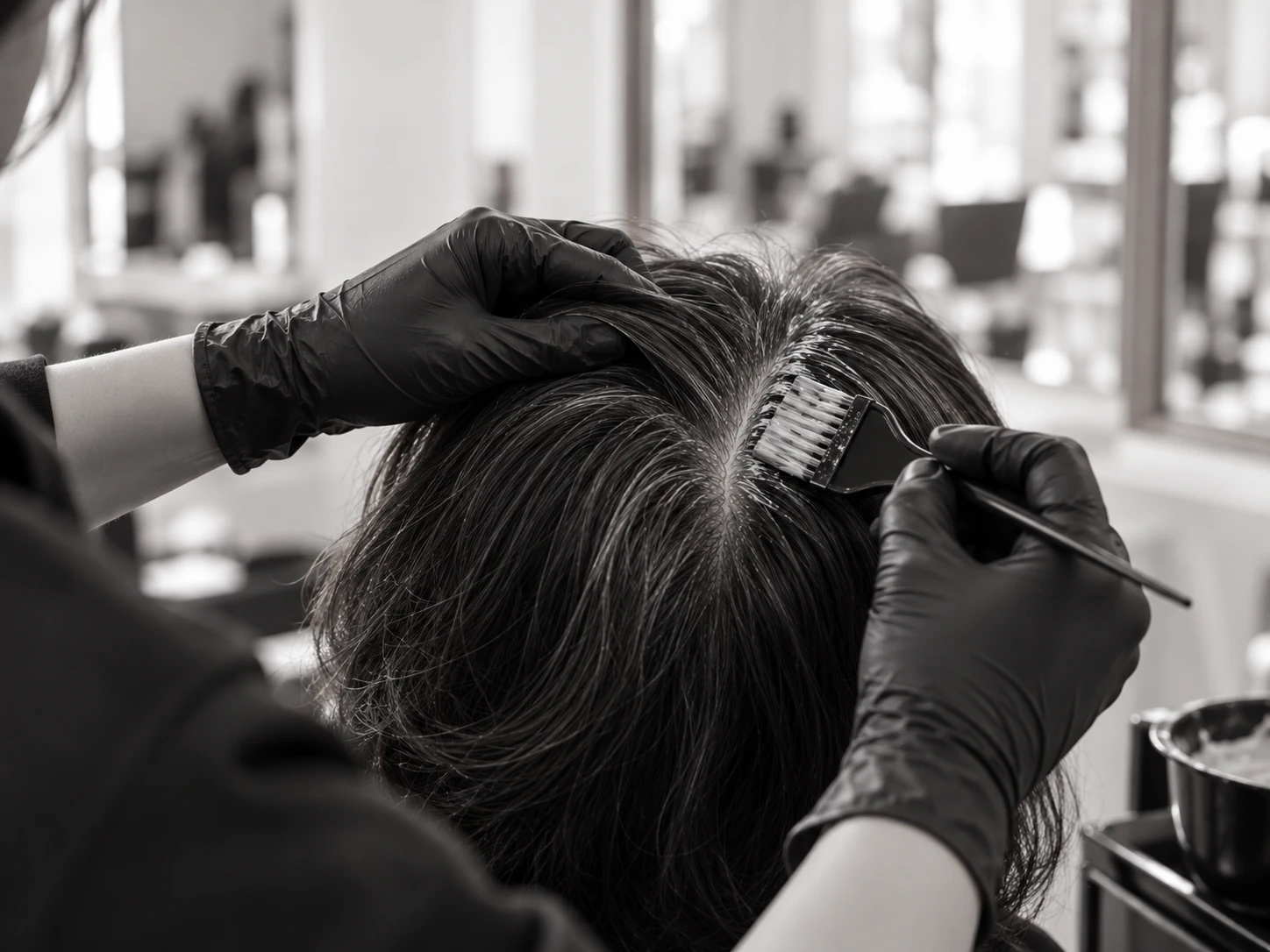 가르마를 따라 뿌리에 염색약을 바르는 손